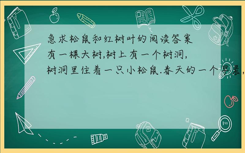 急求松鼠和红树叶的阅读答案 有一棵大树,树上有一个树洞,树洞里住着一只小松鼠.春天的一个早晨,小松鼠本文是按照什么顺序来组织材料的? 品析下列句子1.他钻到绿树叶下面,就像钻进了一