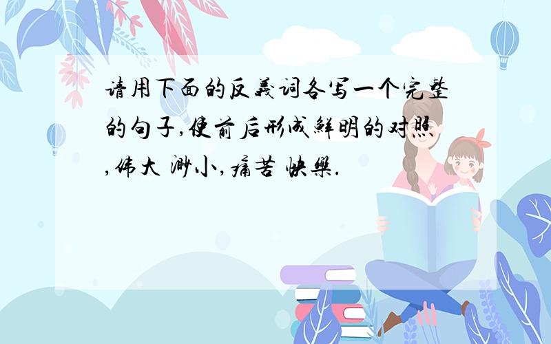 请用下面的反义词各写一个完整的句子,使前后形成鲜明的对照,伟大 渺小,痛苦 快乐.