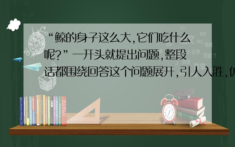 “鲸的身子这么大,它们吃什么呢?”一开头就提出问题,整段话都围绕回答这个问题展开,引人入胜,仿写这样一段话