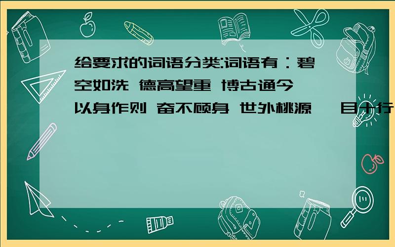 给要求的词语分类:词语有：碧空如洗 德高望重 博古通今 以身作则 奋不顾身 世外桃源 一目十行 走马观花 波起伏 要分进1.表现人物品质的 2.描写景物的 3.与读书有关