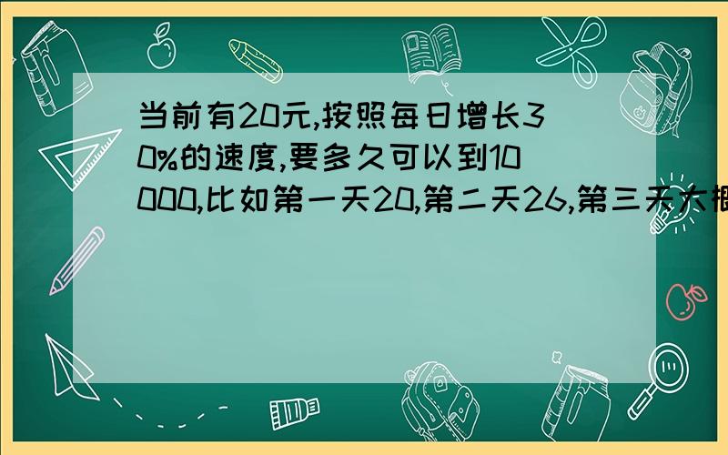 当前有20元,按照每日增长30%的速度,要多久可以到10000,比如第一天20,第二天26,第三天大概34,第四天大概45