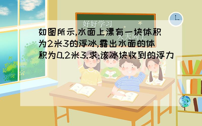 如图所示,水面上漂有一块体积为2米3的浮冰,露出水面的体积为0.2米3.求:该冰块收到的浮力