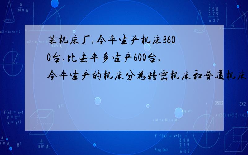 某机床厂,今年生产机床3600台,比去年多生产600台,今年生产的机床分为精密机床和普通机床,其中精密机床的产量是普通机床的80%,今年生产精密机床多少台?