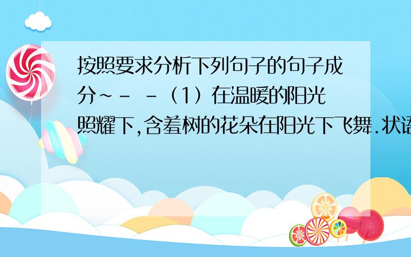 按照要求分析下列句子的句子成分~- -（1）在温暖的阳光照耀下,含羞树的花朵在阳光下飞舞.状语：（2）现在,我已经掌握了语言的钥匙.宾语：（3）孩子们呵着冻得通红、像紫芽姜一样的小