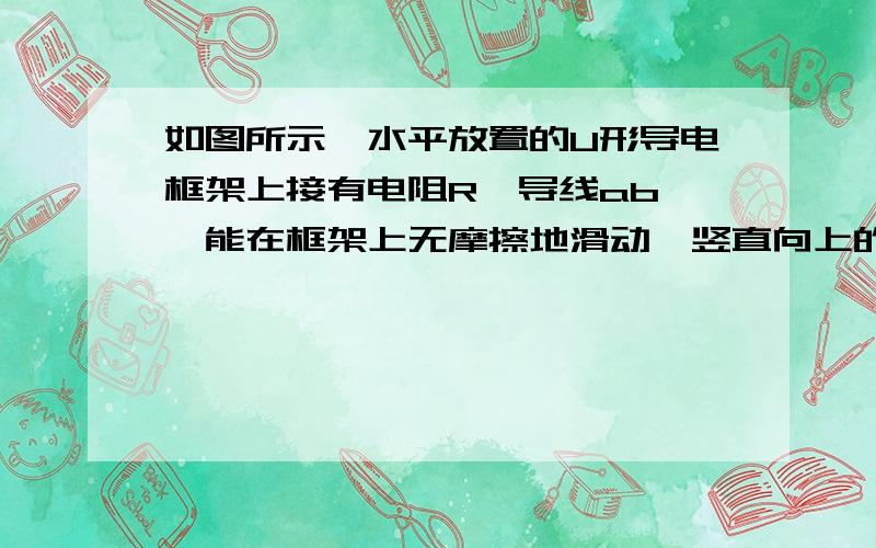 如图所示,水平放置的U形导电框架上接有电阻R,导线ab　　能在框架上无摩擦地滑动,竖直向上的匀强磁场竖直穿过　　框架平面,当ab匀速向右移动时,以下判断错误的是：　　A．导线ab除受拉