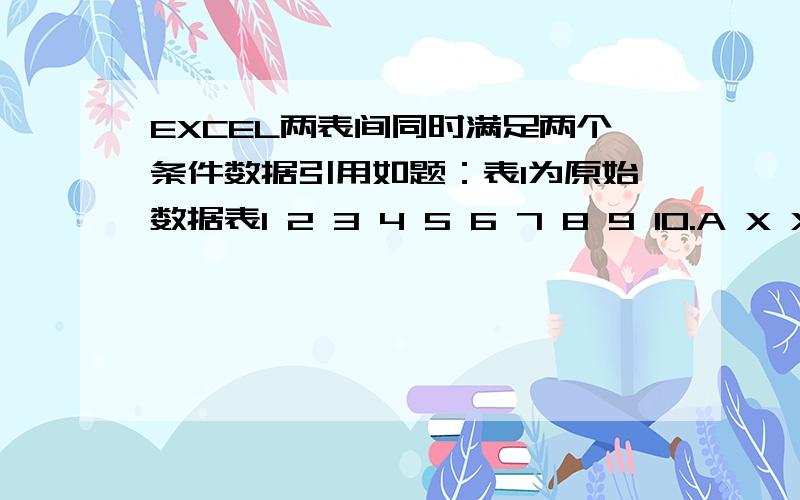 EXCEL两表间同时满足两个条件数据引用如题：表1为原始数据表1 2 3 4 5 6 7 8 9 10.A X X X X X X X X X XB X X X X X X X X X XC X X X X X X X X X XD X X X X X X X X X X .表2（A列） （B列） （C列）A 1A 3B 8B 5C 2D 3......