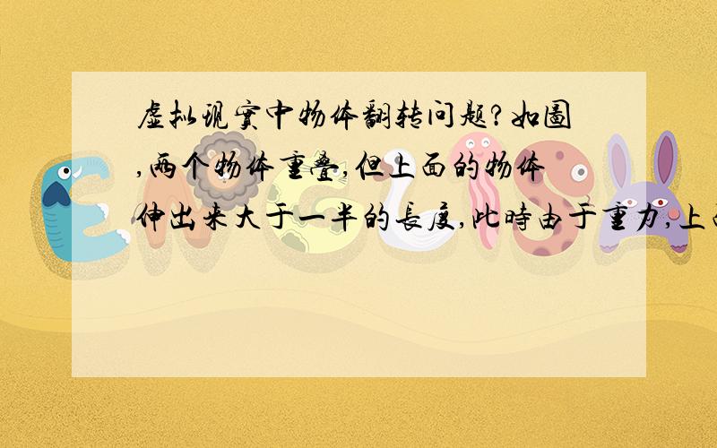 虚拟现实中物体翻转问题?如图,两个物体重叠,但上面的物体伸出来大于一半的长度,此时由于重力,上面的物体要向下倾斜,这一过程在virtools中如何实现?或者解决思想,