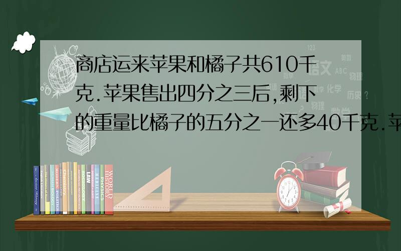 商店运来苹果和橘子共610千克.苹果售出四分之三后,剩下的重量比橘子的五分之一还多40千克.苹果有多少千克,请用方程解