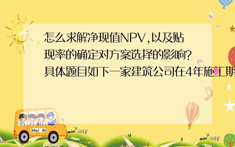 怎么求解净现值NPV,以及贴现率的确定对方案选择的影响?具体题目如下一家建筑公司在4年施工期内需架一起重机,有两个方案可供选择：A：每年初支付租金6.2万元租用一架起重机,由出租公司