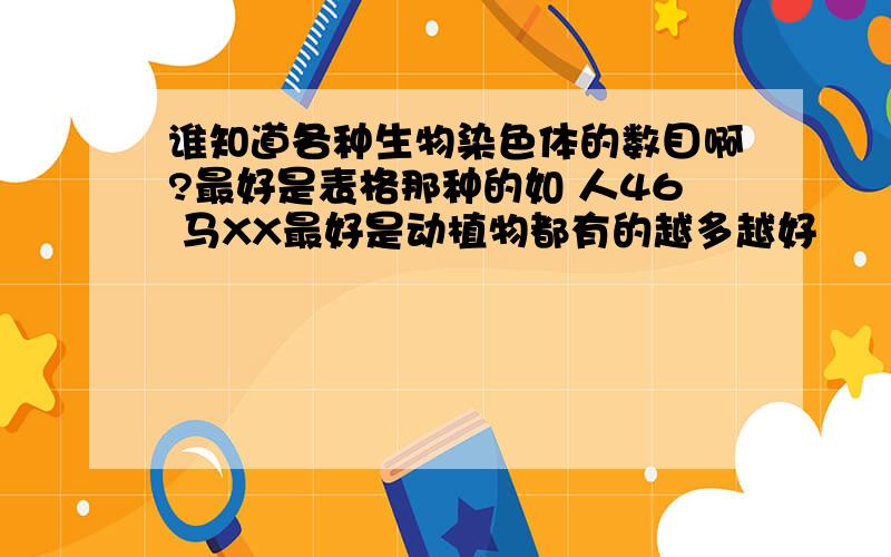 谁知道各种生物染色体的数目啊?最好是表格那种的如 人46 马XX最好是动植物都有的越多越好