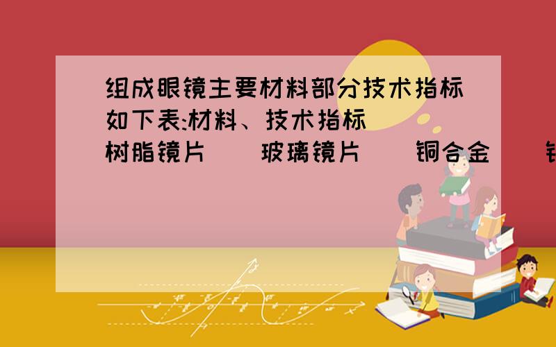 组成眼镜主要材料部分技术指标如下表:材料、技术指标 | 树脂镜片 | 玻璃镜片 | 铜合金 | 钛合金 透光亮 | 92% | 91% | —— | —— 密度千克/米3 | 1.3*1000 | 2.5*1000 | 8*1000 | 405*1000 性能 | 较耐磨损