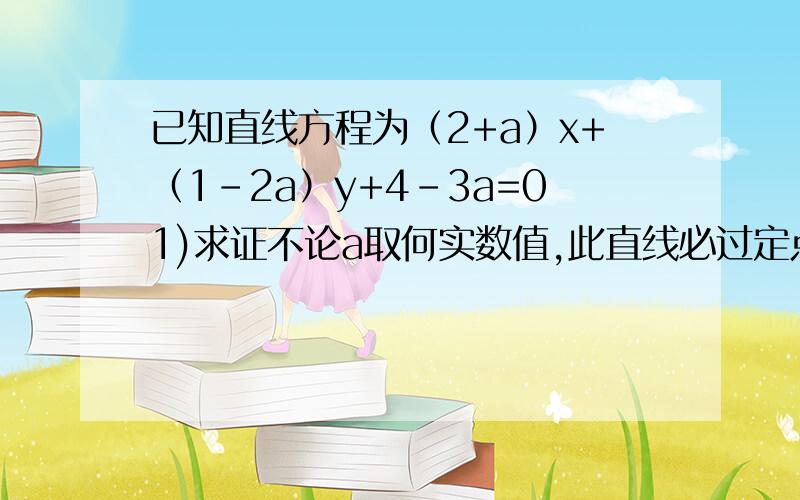 已知直线方程为（2+a）x+（1-2a）y+4-3a=01)求证不论a取何实数值,此直线必过定点；2)过这个定点引一直线,使它夹在两坐标轴间的线段被这点平分,求这条直线方程