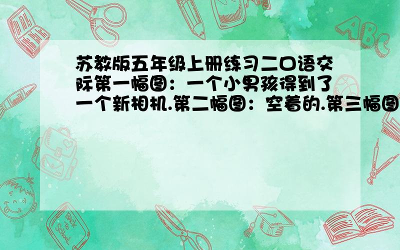 苏教版五年级上册练习二口语交际第一幅图：一个小男孩得到了一个新相机.第二幅图：空着的.第三幅图：小男孩拍到了一个有意义的场景.第四幅图：小男孩和其他小朋友都欣慰的笑了.求第