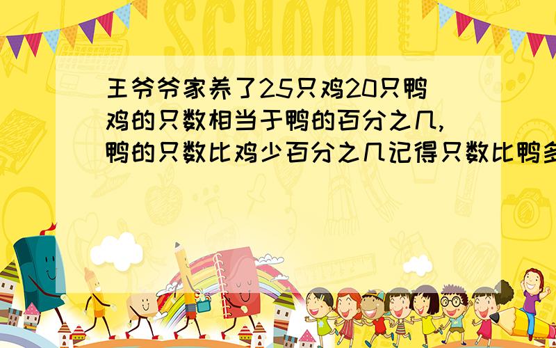 王爷爷家养了25只鸡20只鸭鸡的只数相当于鸭的百分之几,鸭的只数比鸡少百分之几记得只数比鸭多百分之几?