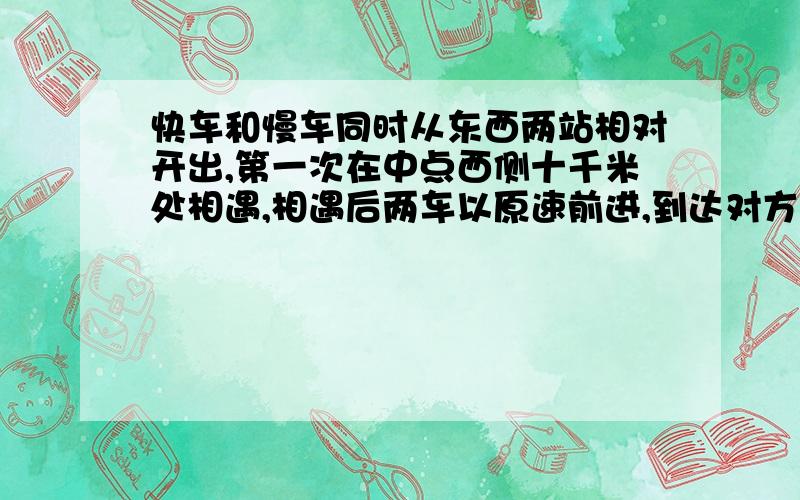 快车和慢车同时从东西两站相对开出,第一次在中点西侧十千米处相遇,相遇后两车以原速前进,到达对方出发地后,两车立即返回,在途中第二次相遇,这时距离东站四十千米,东西两站相距多少千