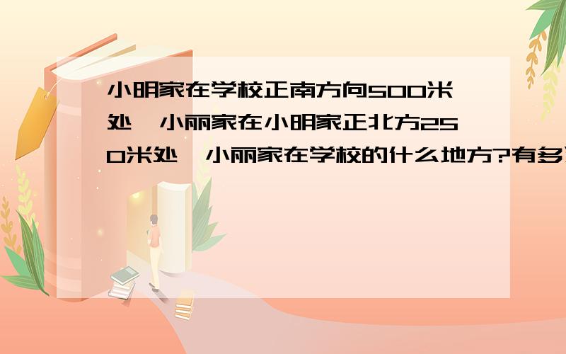 小明家在学校正南方向500米处,小丽家在小明家正北方250米处,小丽家在学校的什么地方?有多远?