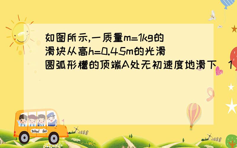 如图所示,一质量m=1kg的滑块从高h=0.45m的光滑圆弧形槽的顶端A处无初速度地滑下(1)滑块到达底端B时的速度V(2)滑块与传送带间的动摩擦因数μ(3)此过程中,由于克服摩擦力做功而产生的热量Q答