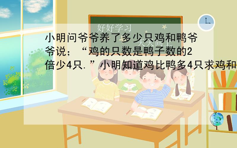 小明问爷爷养了多少只鸡和鸭爷爷说；“鸡的只数是鸭子数的2倍少4只.”小明知道鸡比鸭多4只求鸡和鸭的只数