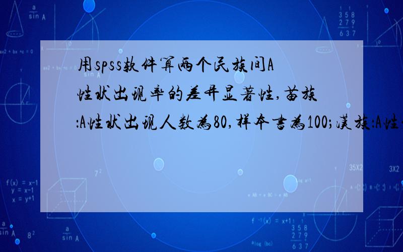 用spss软件算两个民族间A性状出现率的差异显著性,苗族：A性状出现人数为80,样本书为100；汉族：A性状出现人数为50,样本数为70.问spss检测时那个四格表怎么填?如图：