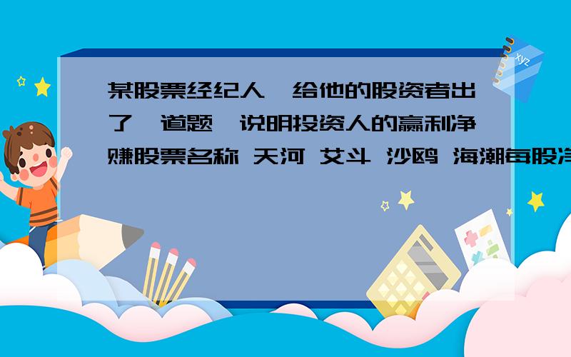 某股票经纪人,给他的股资者出了一道题,说明投资人的赢利净赚股票名称 天河 艾斗 沙鸥 海潮每股净赚 +2的三次方 +1.5 -3 +2股数 500 1000 1000 500请你计算一下,投资者到底赔了还是赚了,赔或赚了