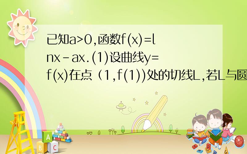 已知a>0,函数f(x)=lnx-ax.(1)设曲线y=f(x)在点（1,f(1))处的切线L,若L与圆（x+1) 2 +y 2 =1相切,求a的值（2）求f(x)的单调区间；（3）求函数f(x)在（0,1]上的最大值