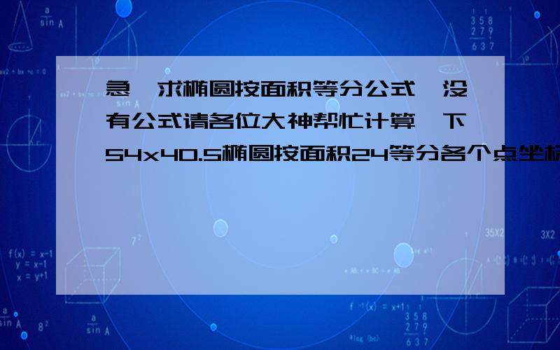 急,求椭圆按面积等分公式,没有公式请各位大神帮忙计算一下54x40.5椭圆按面积24等分各个点坐标,是任意相邻两点和圆心点组成的扇形的面积.