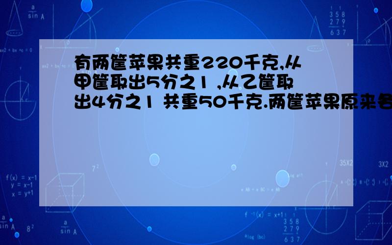 有两筐苹果共重220千克,从甲筐取出5分之1 ,从乙筐取出4分之1 共重50千克.两筐苹果原来各有多少千克?甲、乙、丙三人分一笔奖金.甲分得的是乙丙两人所得之和的2分之1,乙分得的是甲丙两人所