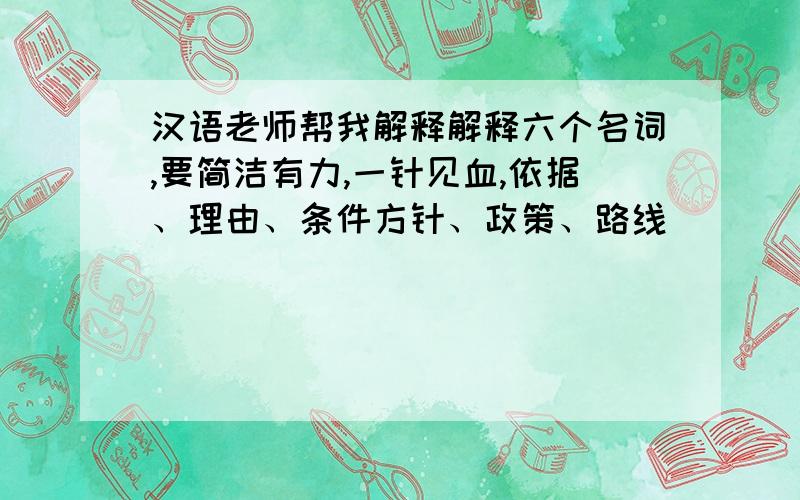 汉语老师帮我解释解释六个名词,要简洁有力,一针见血,依据、理由、条件方针、政策、路线