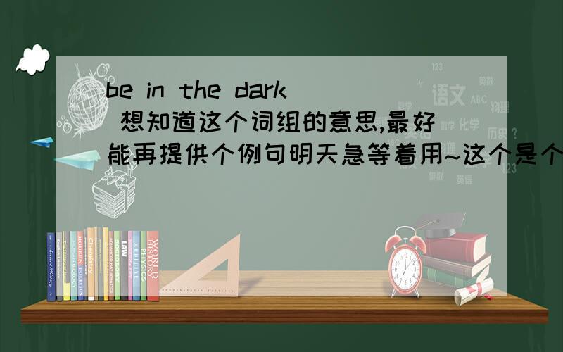 be in the dark 想知道这个词组的意思,最好能再提供个例句明天急等着用~这个是个常用口语，除了字面意思，是不是还有别的意思，想知道~