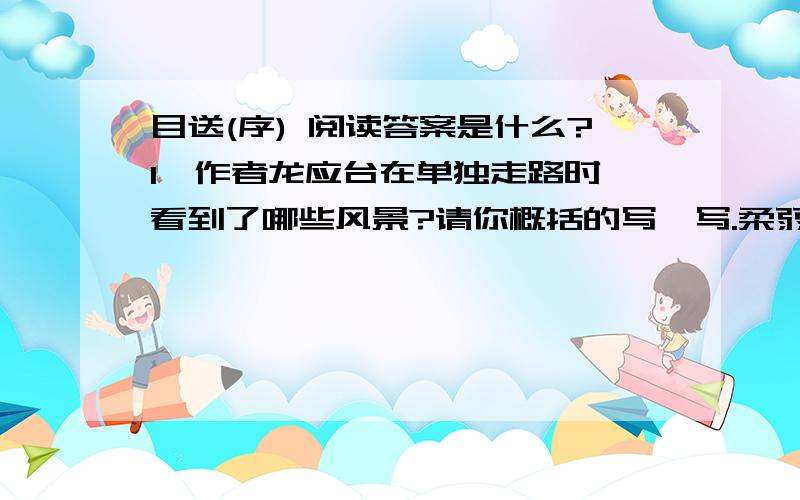 目送(序) 阅读答案是什么?1、作者龙应台在单独走路时,看到了哪些风景?请你概括的写一写.柔弱的老婆婆弓腰下台阶——（）——（）——（）——（）2、“每一个被我‘看见’的瞬间刹那,