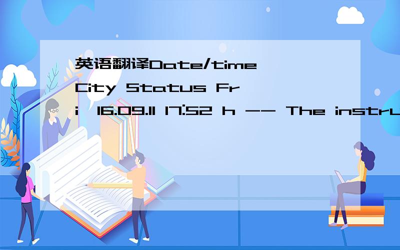 英语翻译Date/time City Status Fri,16.09.11 17:52 h -- The instruction data for this shipment have been provided by the sender to DHL electronically Mon,26.09.11 09:05 h -- The shipment has been posted by the sender at the retail outlet Mon,26.09.