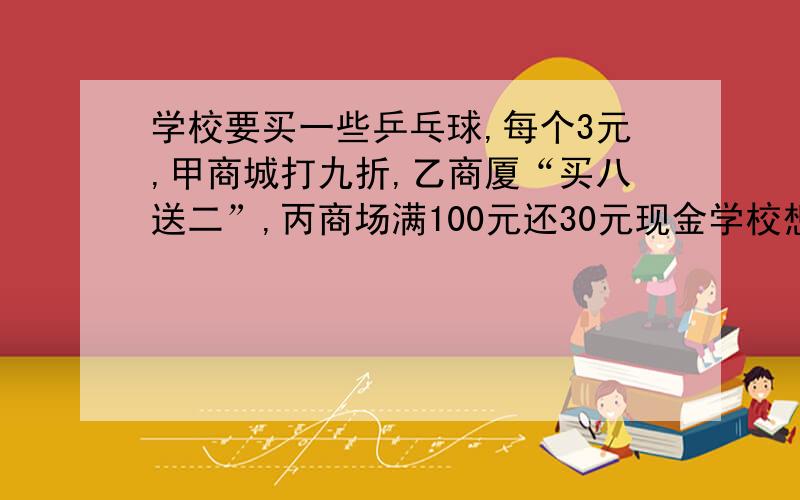 学校要买一些乒乓球,每个3元,甲商城打九折,乙商厦“买八送二”,丙商场满100元还30元现金学校想买200个,算一算：到哪家购买比较合算?