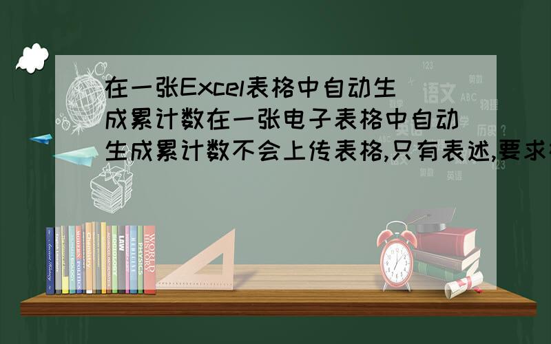 在一张Excel表格中自动生成累计数在一张电子表格中自动生成累计数不会上传表格,只有表述,要求在一张电子表格里根据情况随时反映出累计数的变化.类别 数量 本次发生 累计发生甲 个 1 1乙