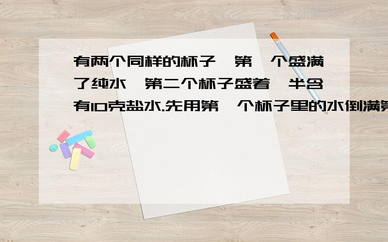 有两个同样的杯子,第一个盛满了纯水,第二个杯子盛着一半含有10克盐水.先用第一个杯子里的水倒满第二个杯并搅匀,然后在用第二个里的盐水倒满第一个杯子并搅匀.如果连续操作6次后,那么,