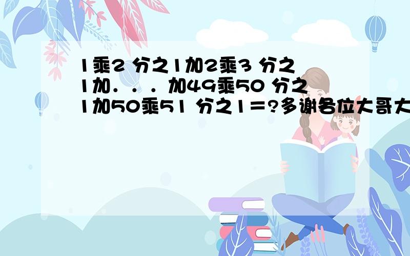 1乘2 分之1加2乘3 分之1加．．．加49乘50 分之1加50乘51 分之1＝?多谢各位大哥大嫂大叔大婶大爷大妈了!