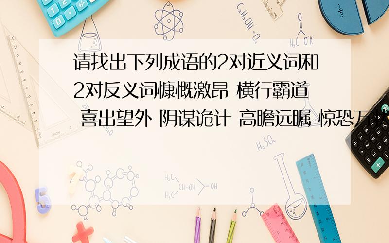 请找出下列成语的2对近义词和2对反义词慷慨激昂 横行霸道 喜出望外 阴谋诡计 高瞻远瞩 惊恐万状 舍己为人 载歌载舞 神机妙算 自私自利 斗志昂扬 垂头丧气 好高骛远 负隅顽抗