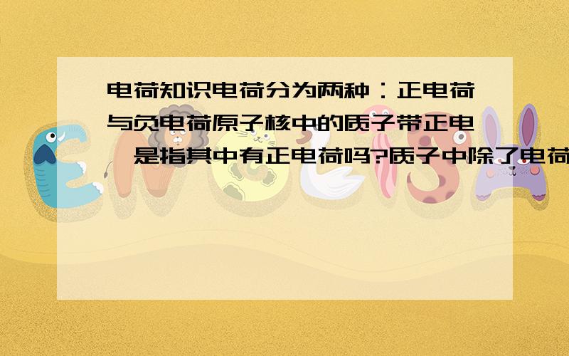 电荷知识电荷分为两种：正电荷与负电荷原子核中的质子带正电,是指其中有正电荷吗?质子中除了电荷还有其他什么吗?不同物体中的电荷中带的电量是一定相等的吗?（例如1个玻璃棒中的正