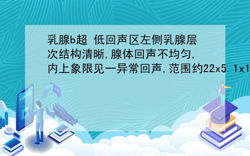 乳腺b超 低回声区左侧乳腺层次结构清晰,腺体回声不均匀,内上象限见一异常回声,范围约22x5.1x16mm,边界欠清,内为低回声及不规则无回声（7.7x3.4mm）,后方声增强.右侧乳腺腺体不厚,导管不扩张,