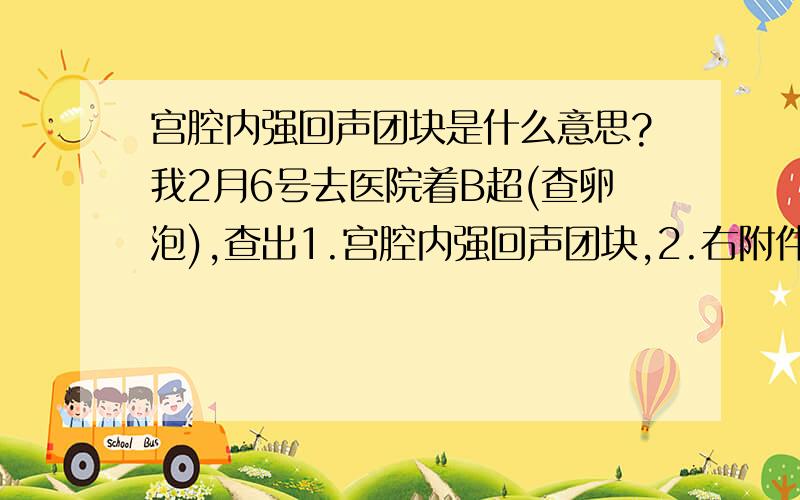 宫腔内强回声团块是什么意思?我2月6号去医院着B超(查卵泡),查出1.宫腔内强回声团块,2.右附件混合性包块,3.盆腔少量积液.这是怎么回事?我上次月经是1月21号来的,2月1号去医院做了一次卵泡