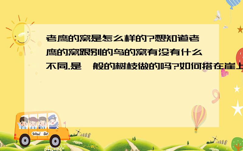 老鹰的窝是怎么样的?想知道老鹰的窝跟别的鸟的窝有没有什么不同.是一般的树枝做的吗?如何搭在崖上的,等等求具体的文字说明,另有清晰的照片最好.谢谢 这位朋友先， 我还希望能有更详