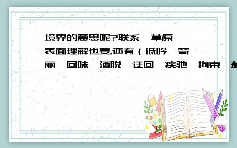 境界的意思呢?联系《草原》,表面理解也要.还有（低吟,奇丽,回味,酒脱,迂回,疾驰,拘束,羞涩）还有一个（天涯）