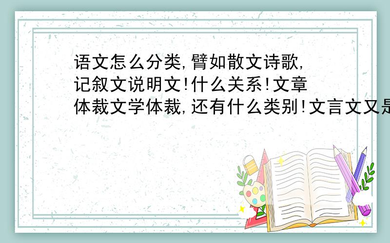 语文怎么分类,臂如散文诗歌,记叙文说明文!什么关系!文章体裁文学体裁,还有什么类别!文言文又是哪类!