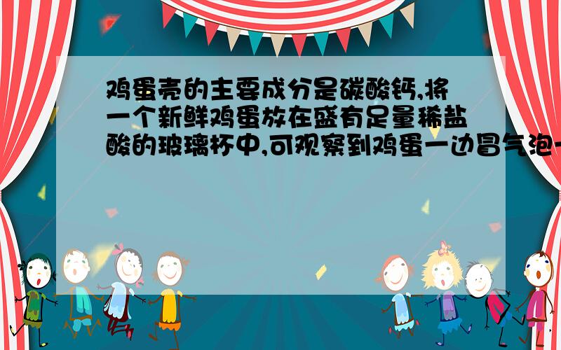 鸡蛋壳的主要成分是碳酸钙,将一个新鲜鸡蛋放在盛有足量稀盐酸的玻璃杯中,可观察到鸡蛋一边冒气泡一边沉到杯底,一会儿又慢慢上浮,到接近液面时有下沉.