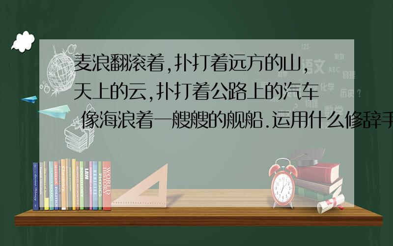 麦浪翻滚着,扑打着远方的山,天上的云,扑打着公路上的汽车 像海浪着一艘艘的舰船.运用什么修辞手法(两个.)