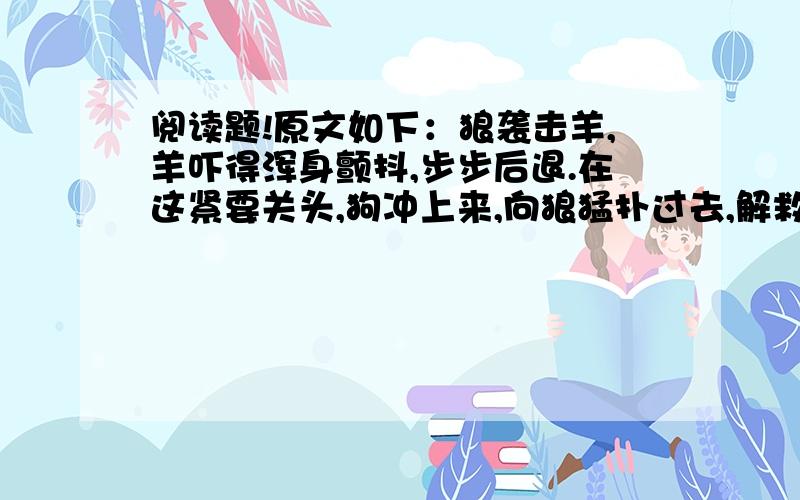 阅读题!原文如下：狼袭击羊,羊吓得浑身颤抖,步步后退.在这紧要关头,狗冲上来,向狼猛扑过去,解救了羊.羊感激万分,向狗讨教:“面对高大凶狠的狼,你为什么敢向它发起攻击?”狗摇了几下尾