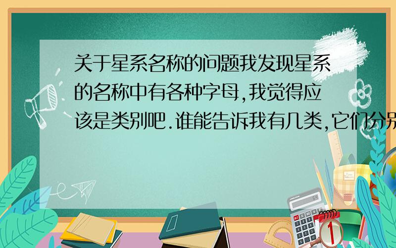 关于星系名称的问题我发现星系的名称中有各种字母,我觉得应该是类别吧.谁能告诉我有几类,它们分别代表什么?谁能告诉我几个关于星系的网站，我就可以给他加分。