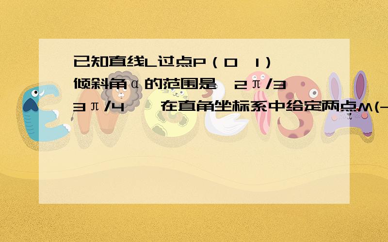 已知直线L过点P（0,1）,倾斜角α的范围是〔2π/3,3π/4〕,在直角坐标系中给定两点M(-2,1)、N(2,3),问L与线段MN是否有交点?若有,请说明理由.打错了，是P(0,-1)