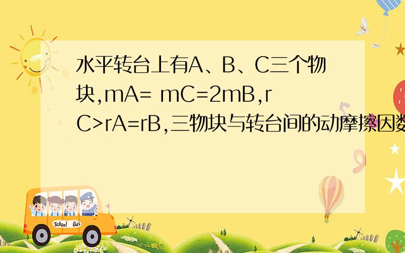 水平转台上有A、B、C三个物块,mA= mC=2mB,rC>rA=rB,三物块与转台间的动摩擦因数相同,当转台转动的角速度ω很小时,三个物体均相对静止在转台上,当ω逐渐增大时,有:A.C先滑动   B.B先滑动C.A先滑动