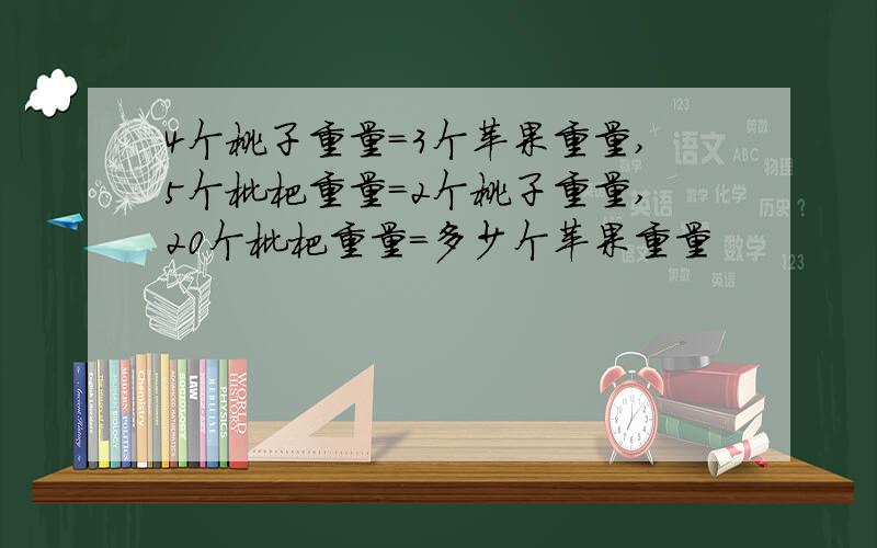 4个桃子重量=3个苹果重量,5个枇杷重量=2个桃子重量,20个枇杷重量=多少个苹果重量