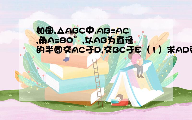 如图,△ABC中,AB=AC,角A=80°,以AB为直径的半圆交AC于D,交BC于E（1）求AD弧、DE弧、BE弧所对圆心角的度数（2）证明：BE=EC